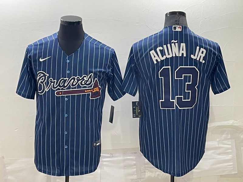 Men Atlanta Braves 13 Acuna jr Blue Stripe Throwback Nike 2022 MLB Jerseys